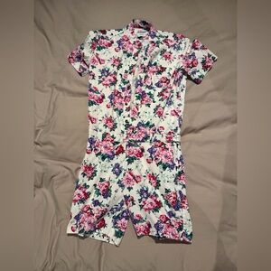Men's Floral Short Romper - White with Pink & Purple Floral